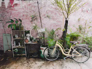 A cream-colored city bike leaning in a courtyard among potted palms and other green plants